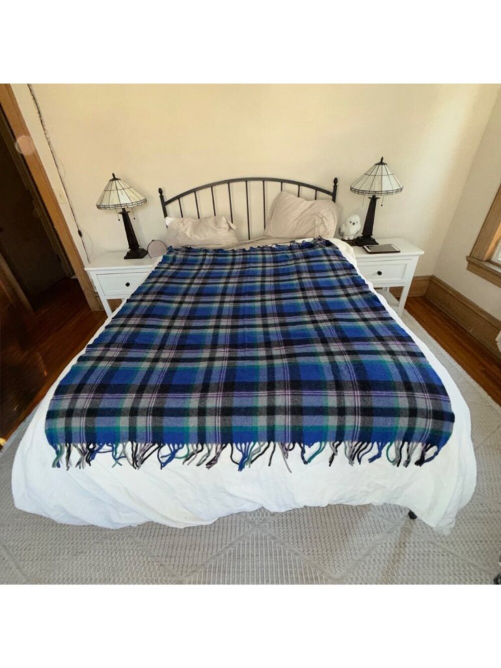 Vintage Pendleton Tartan Plaid Wool Blanket Throw 66"x52" Blue/Green/Purple Frin - Picture 5 of 5